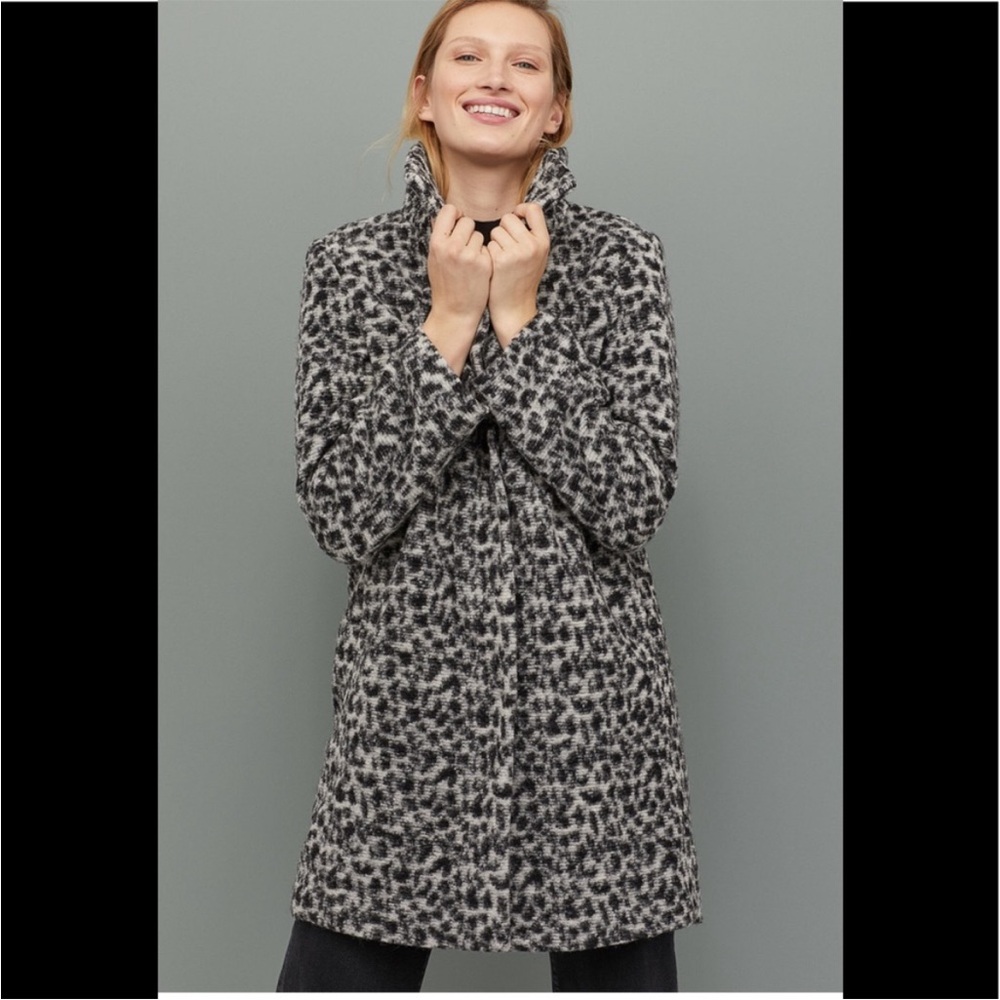 H&M Wool Leopard-Print Funnel Neck Coat in Gray and Black, S